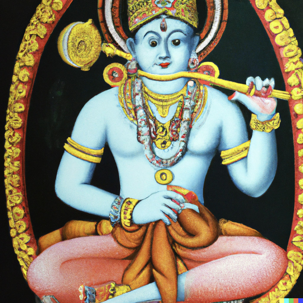 Colorful devotional flute player artwork with a dark background